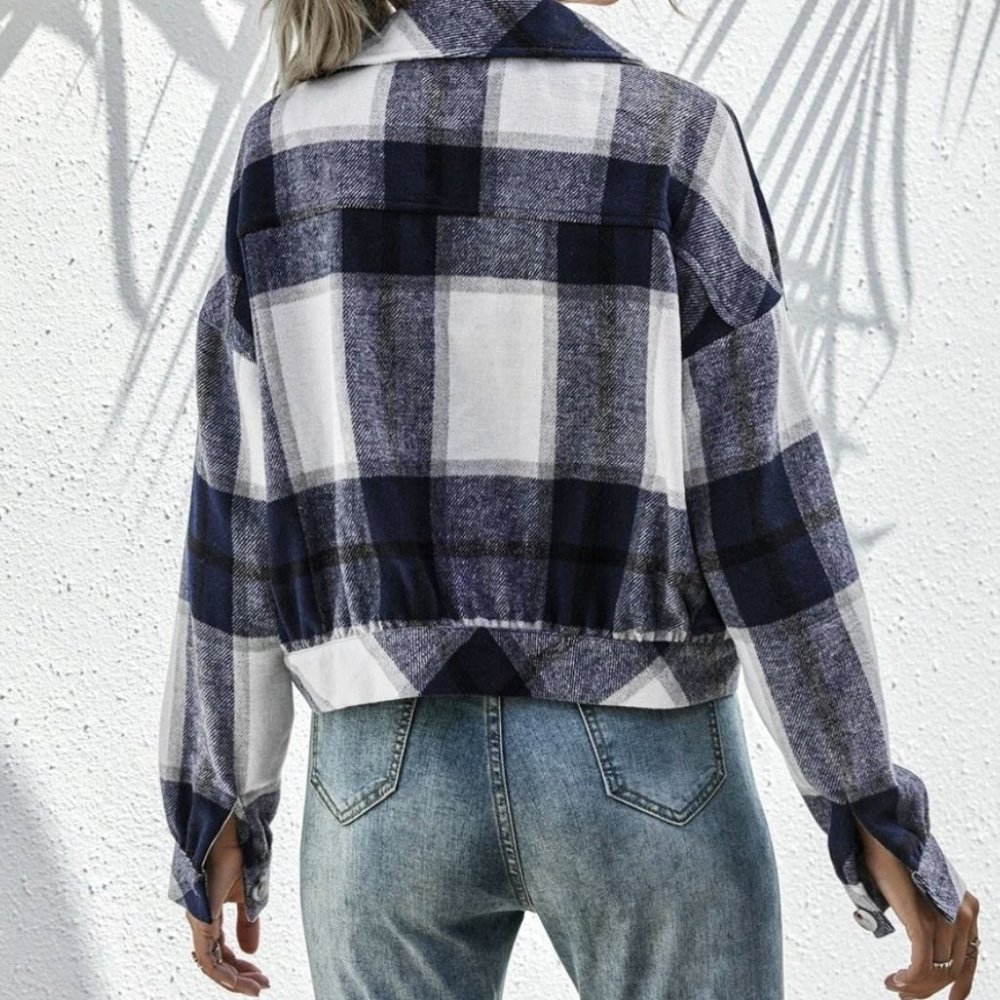 Plaid trucker jacket shacket cropped green white - Picture 5 of 5